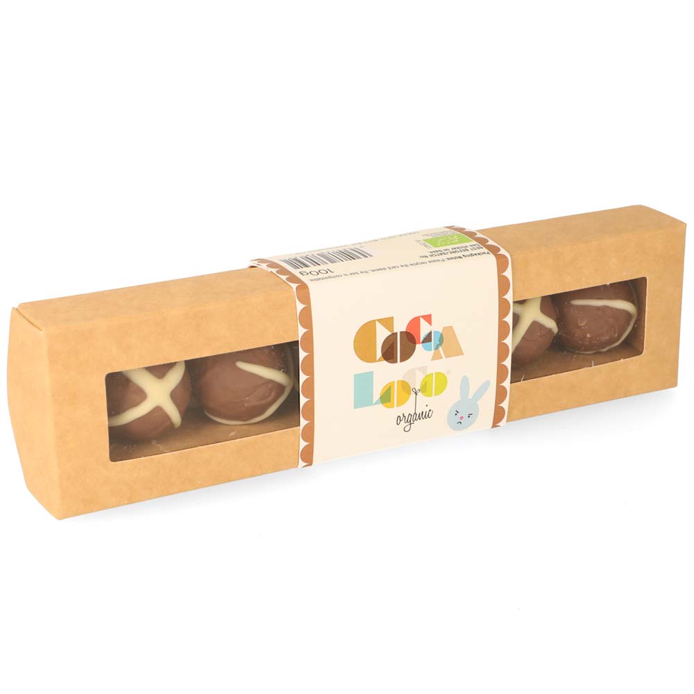 Cocoa Loco eco-friendly Fairtrade hot cross bun truffles box on a white background