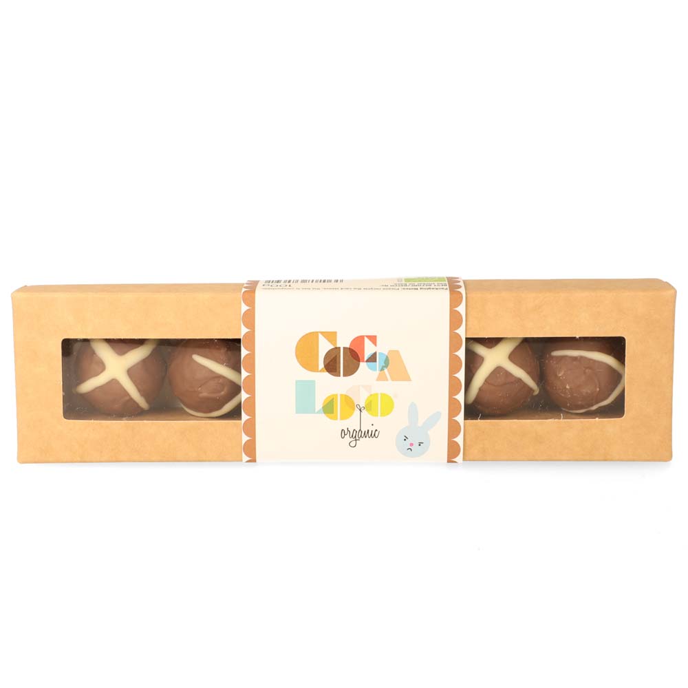 Cocoa Loco fairtrade hot cross bun easter chocolate truffles on a white background