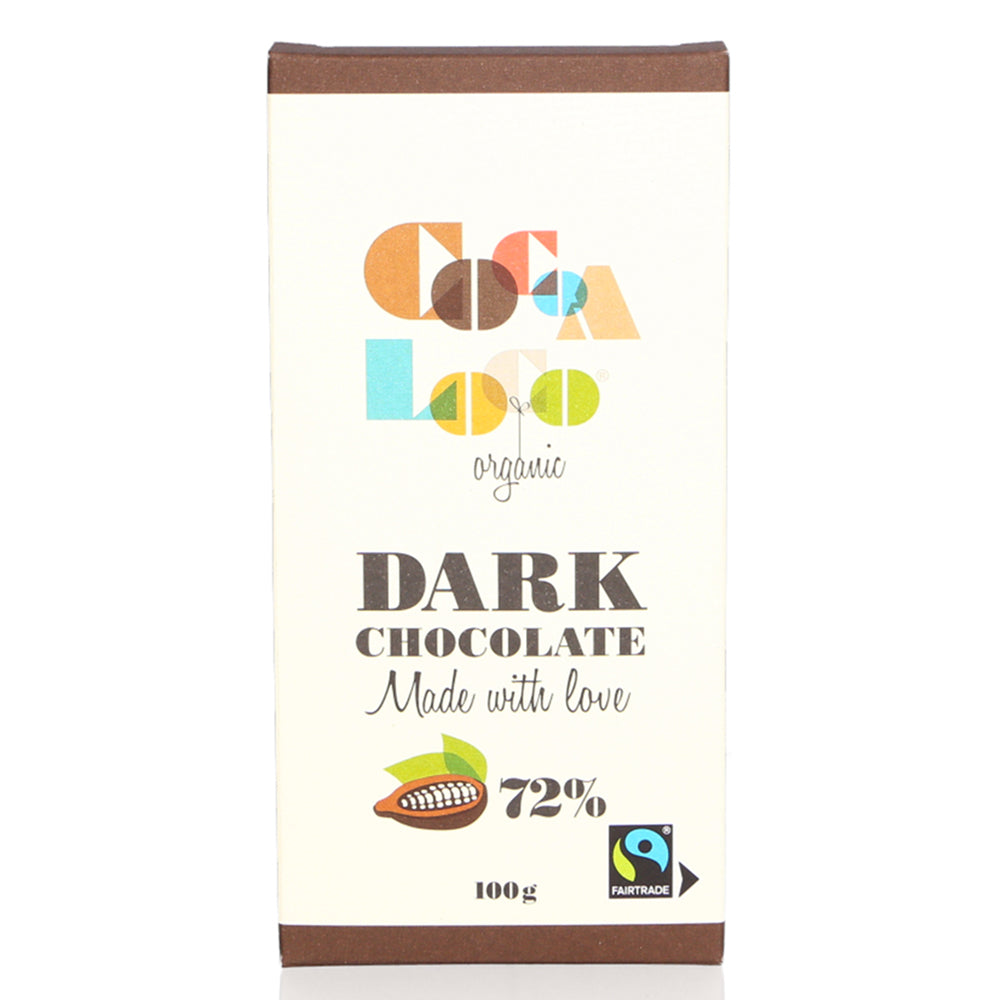 Cocoa Loco organic Fairtrade dark chocolate bar on a white background