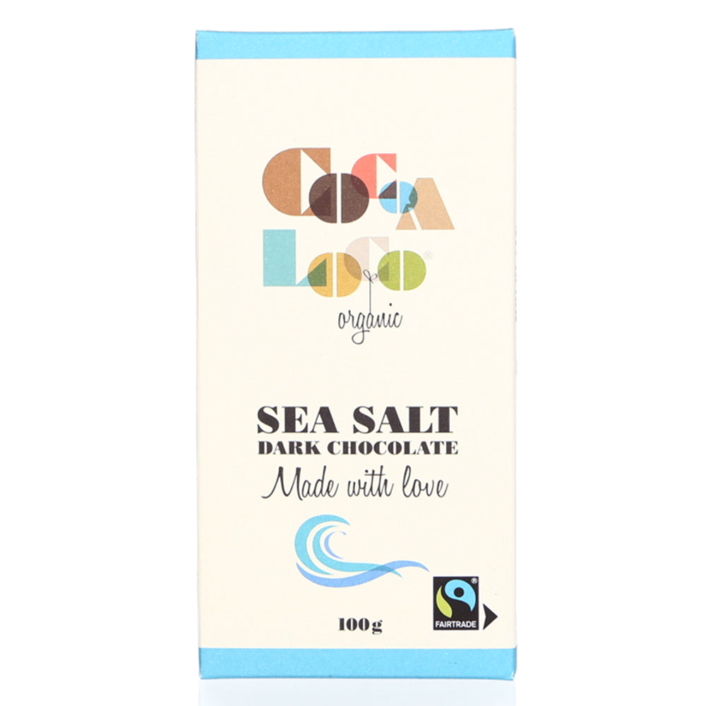 Cocoa Loco organic Fairtrade dark chocolate sea salt bar on a white background