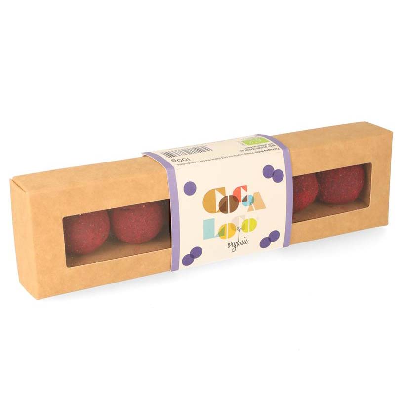 Box of Cocoa Loco milk chocolate sloe gin truffles on a white background