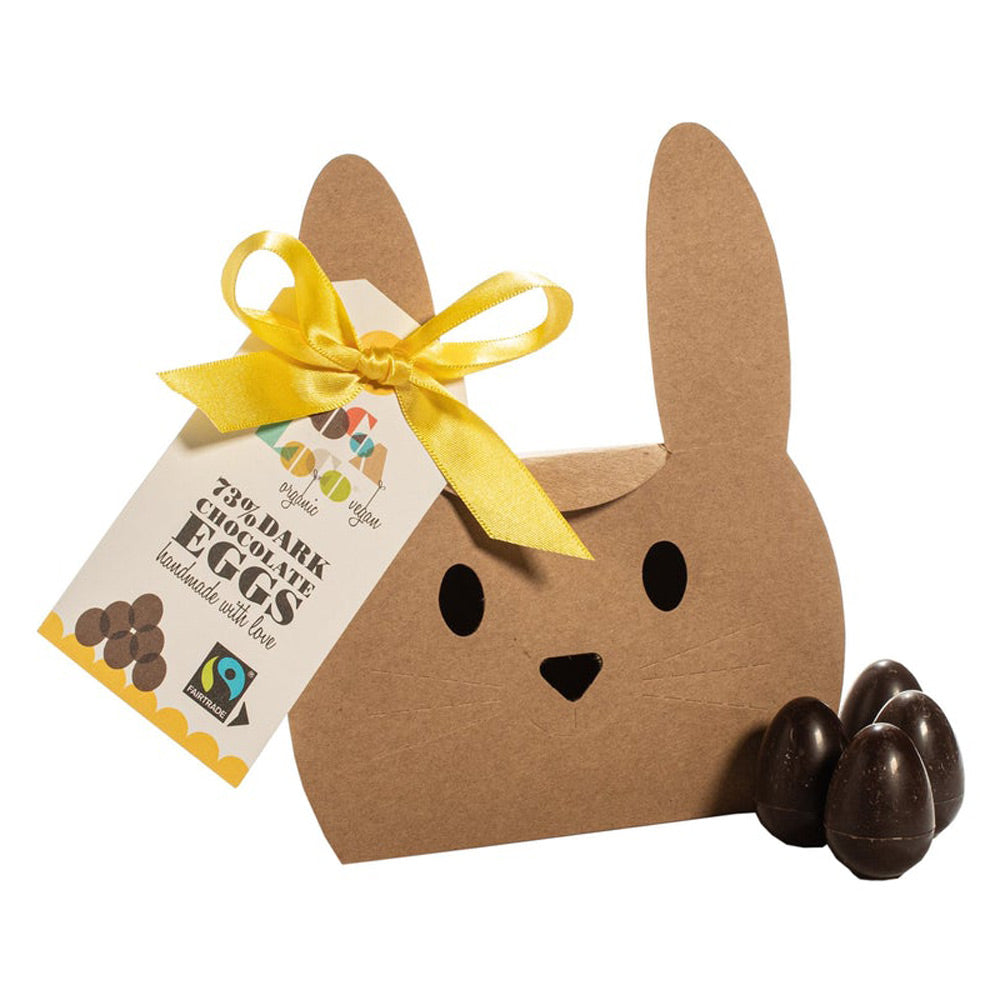 Cocoa loco eco-friendly fairtrade dark chocolate mini easter eggs on a white background