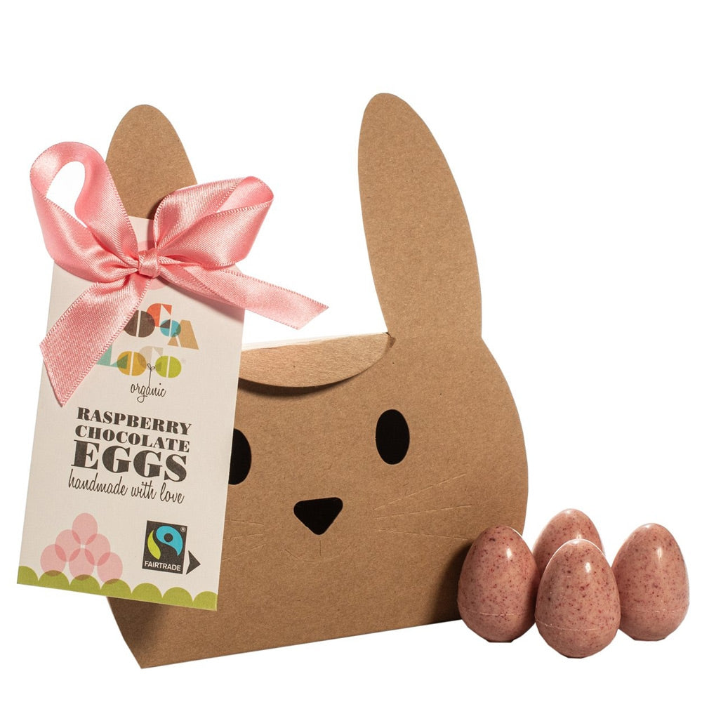 Cocoa Loco eco-friendly fairtrade white chocolate and raspberry mini easter eggs on a white background