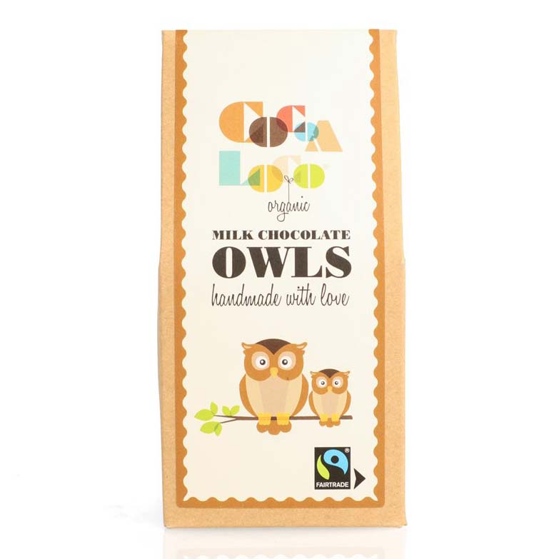 Cocoa Loco eco-friendly milk chocolate owls on a white background