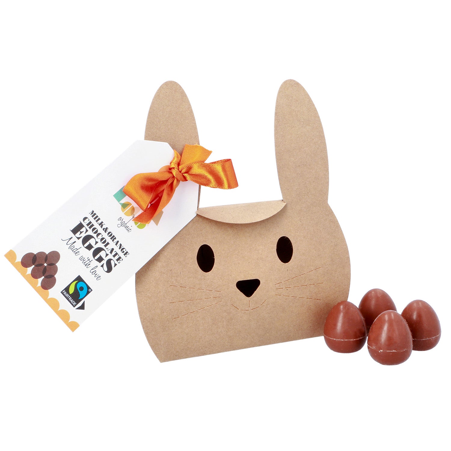 Cocoa Loco Fairtrade Chocolate & Orange Mini Eggs. Four delicious mini eggs in front of a playful Easter bunny packaging with a silky orange ribbon in a bow on its ear, attaching the Cocoa Loco label