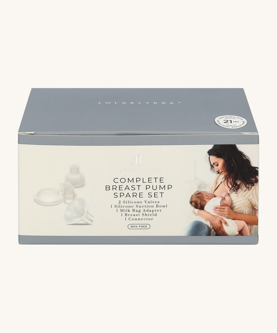 Lola & Lykke Complete Breast Pump Spare Part Box. This includes 2 silicone valves, 1 silicone suction bowl, 1 milk bag adapter, 1 breast shield and 1 connector