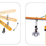 Four images showing some of the moving parts of the PlanToys wooden crane toy. White background.