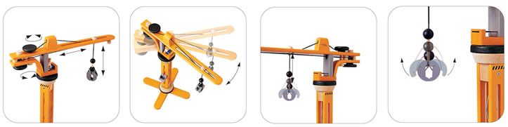 Four images showing some of the moving parts of the PlanToys wooden crane toy. White background.