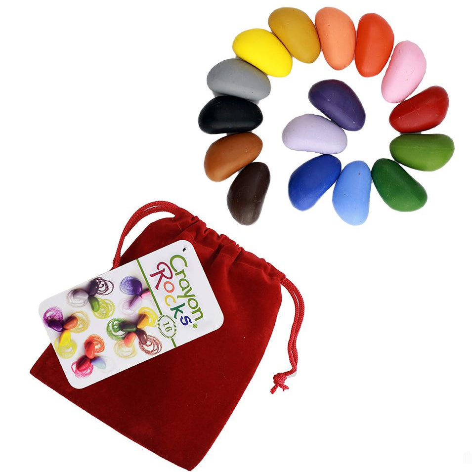 Crayon Rocks Bag of 16 in Red Velvet Bag pictured on a plain white background