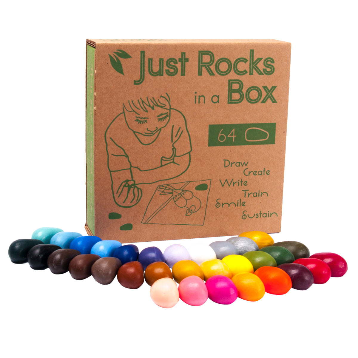 Crayon Rocks non-toxic soy wax crayons laid out on a white background in front of their box