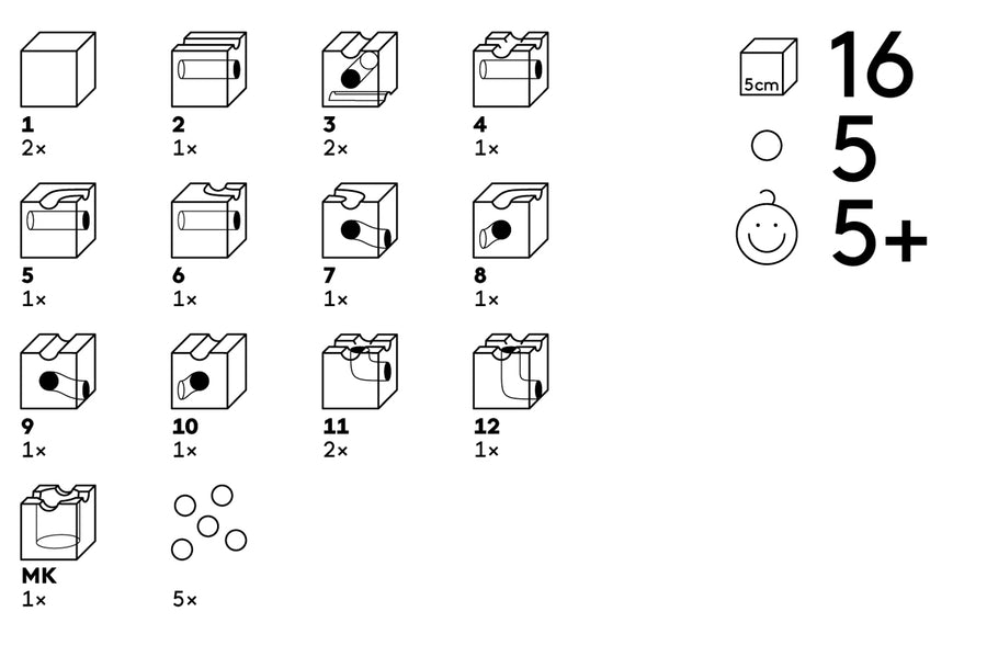 Infographic showing the different pieces in the Cuboro standard 16-piece marble run set