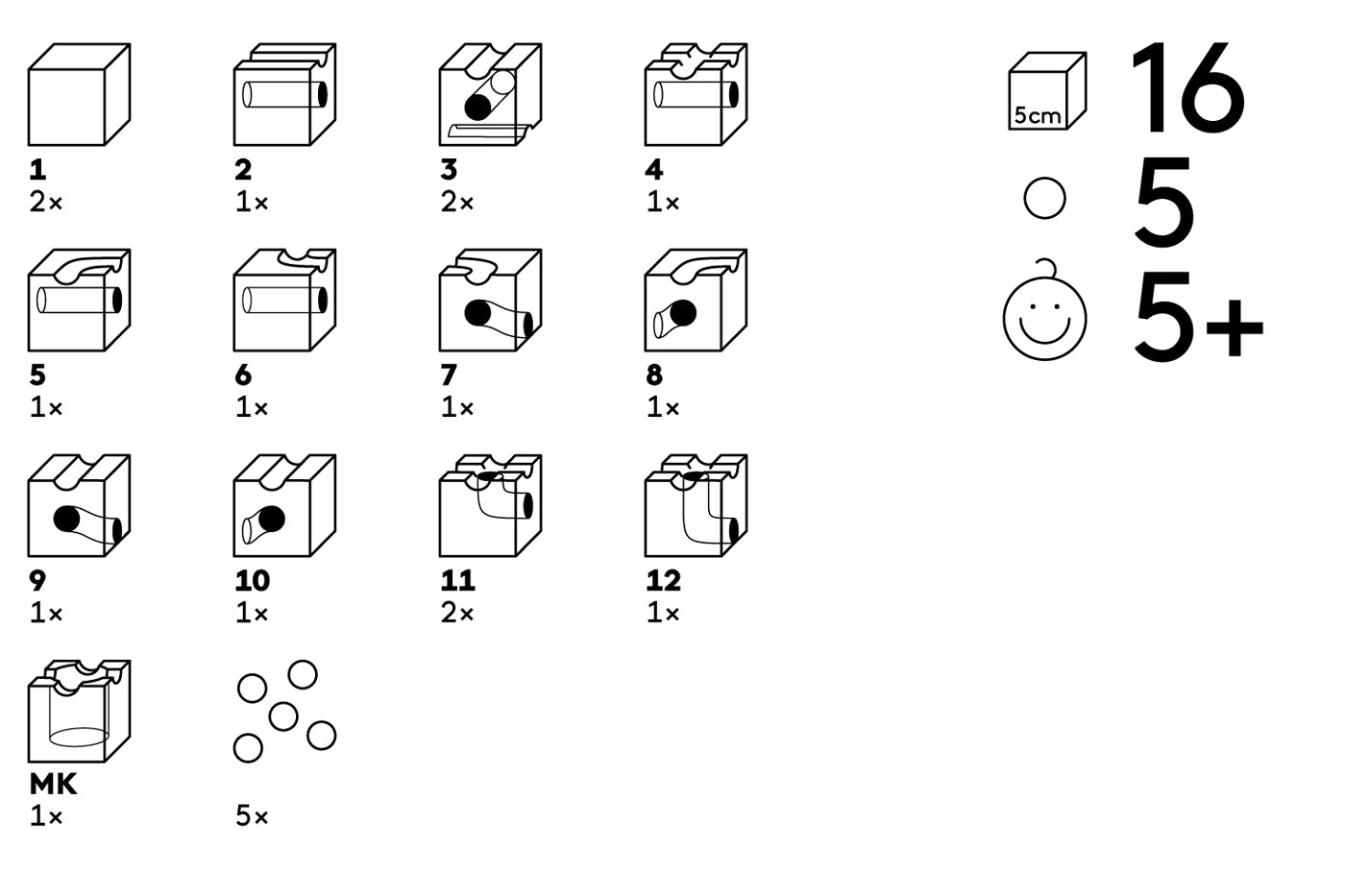 Infographic showing the different pieces in the Cuboro standard 16-piece marble run set