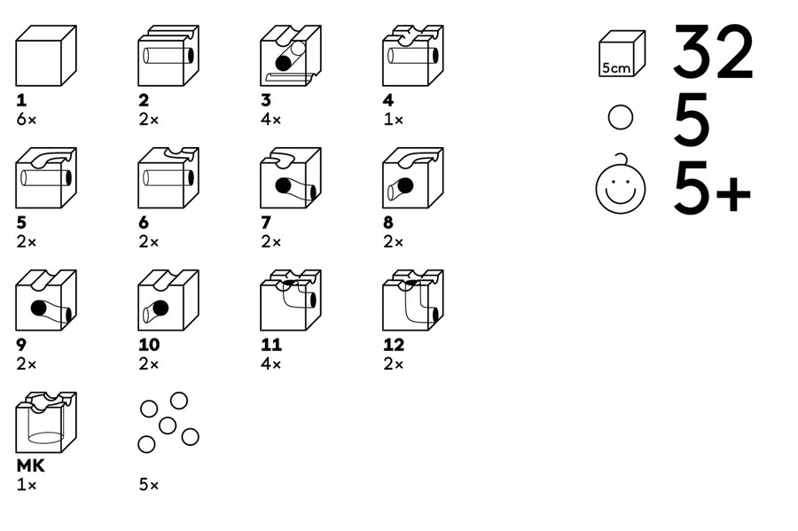 Infographic showing the different number of pieces in the Cuboro Standard 32 marble run kit