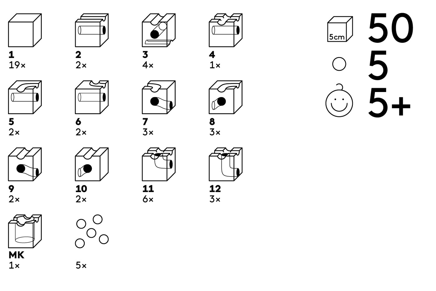 Infographic showing the different pieces in the Cuboro standard wooden marble run toy set