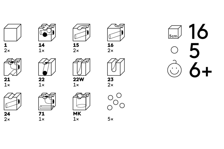 Infographic showing the different pieces inside the Cuboro handmade wooden speed marble run toy set