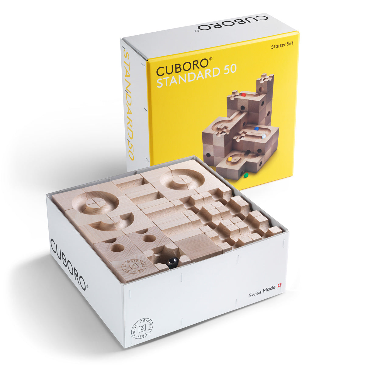 Cuboro standard 50-piece wooden marble run toy set in its cardboard box on a white background