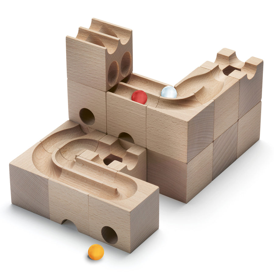 Cuboro kids plastic-free wooden Duo marble run set stacked on a white background