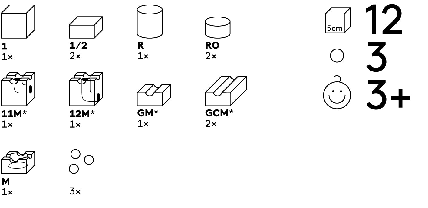 A graphic detailing all the different parts that are included in the Cuboro Magnet Wooden Marble Run Set