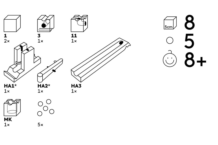 Infographic showing the different pieces inside the Cuboro handmade wooden kick marble run toy set