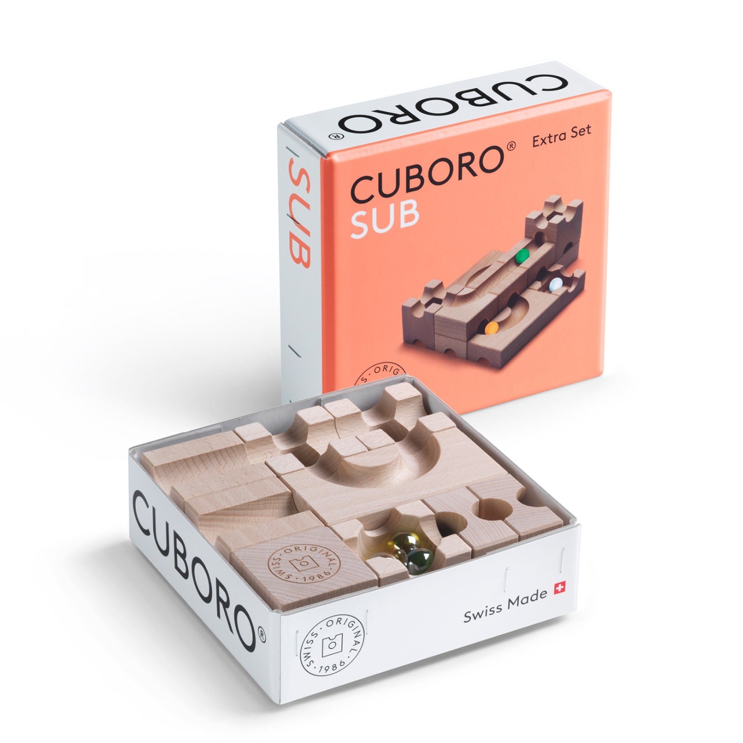 Cuboro Sub Wooden Marble Run Set pictured on plain background. The box is open and the content can be seen