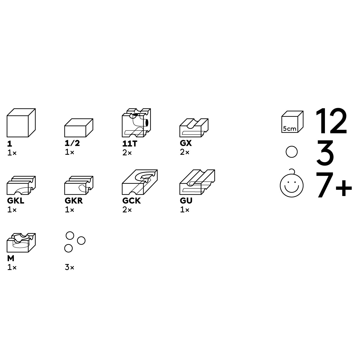 A graphic showing all the different pieces included in the Cuboro Sub Wooden Marble Run Set