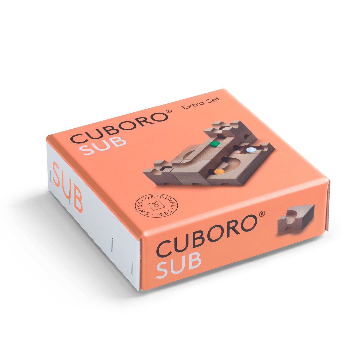 Cuboro Sub Wooden Marble Run Set in a closed box pictured on a plain background