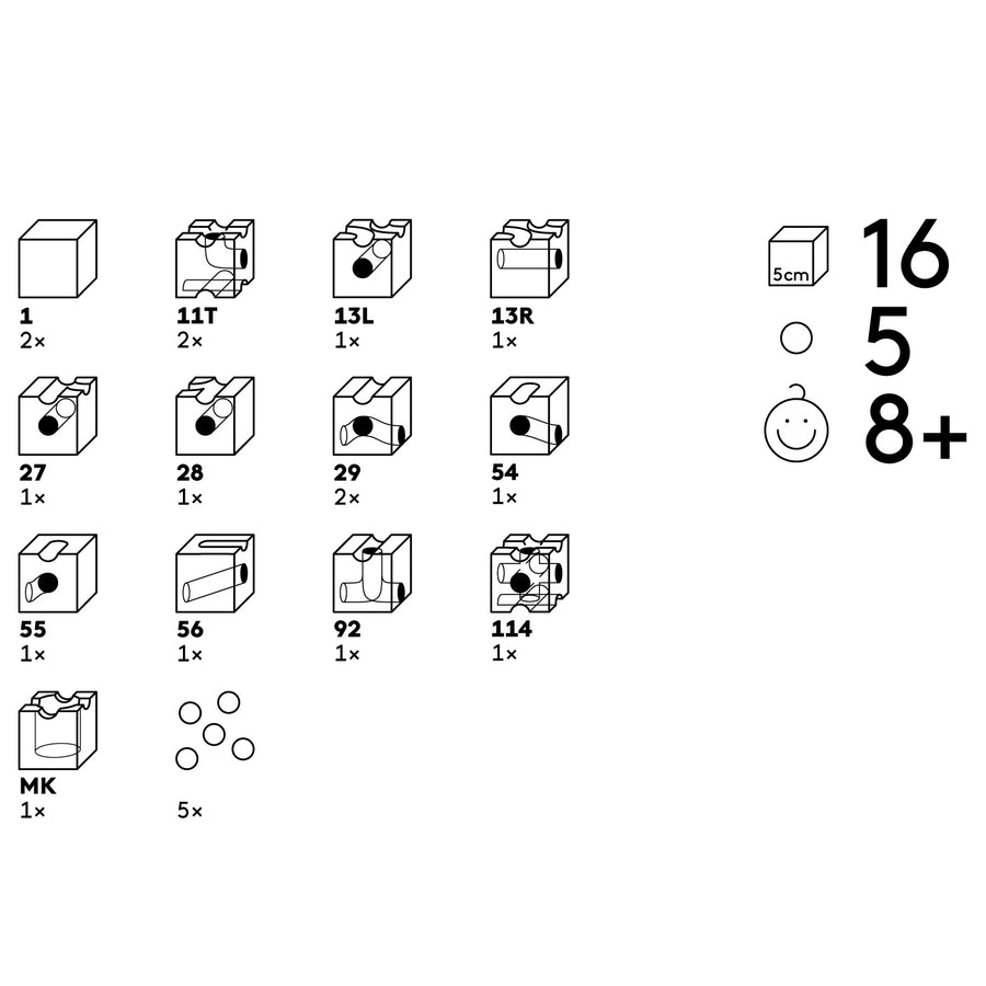 A graphic showing all the different pieces included in the Cuboro Trick Wooden Marble Run Set