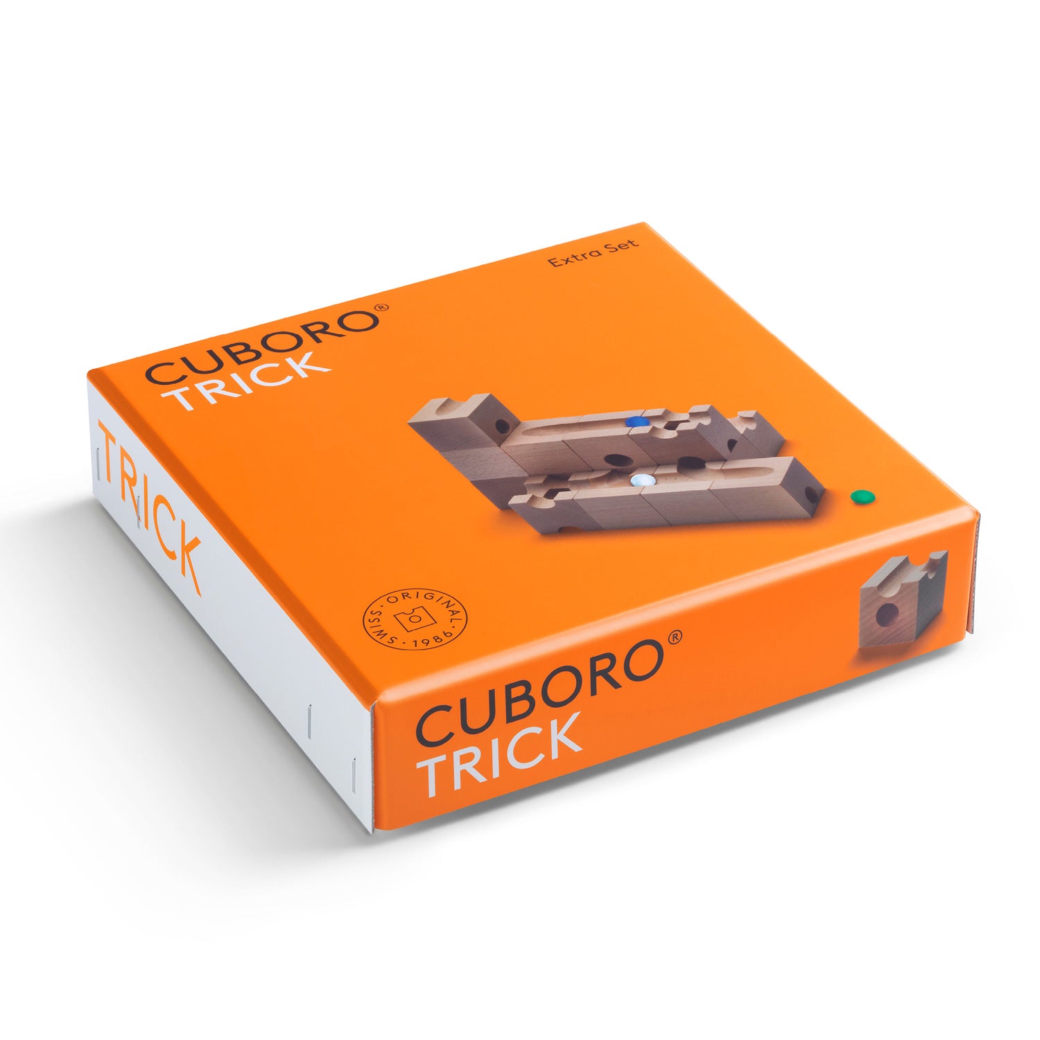 Cuboro Trick Wooden Marble Run Set in a closed box pictured on a plain background