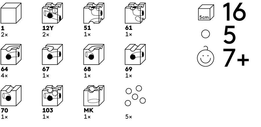 A graphic detailing all the blocks included in the The Cuboro Tunnel Wooden Marble Run Set in it's box shown with lid off pictured on a plain background