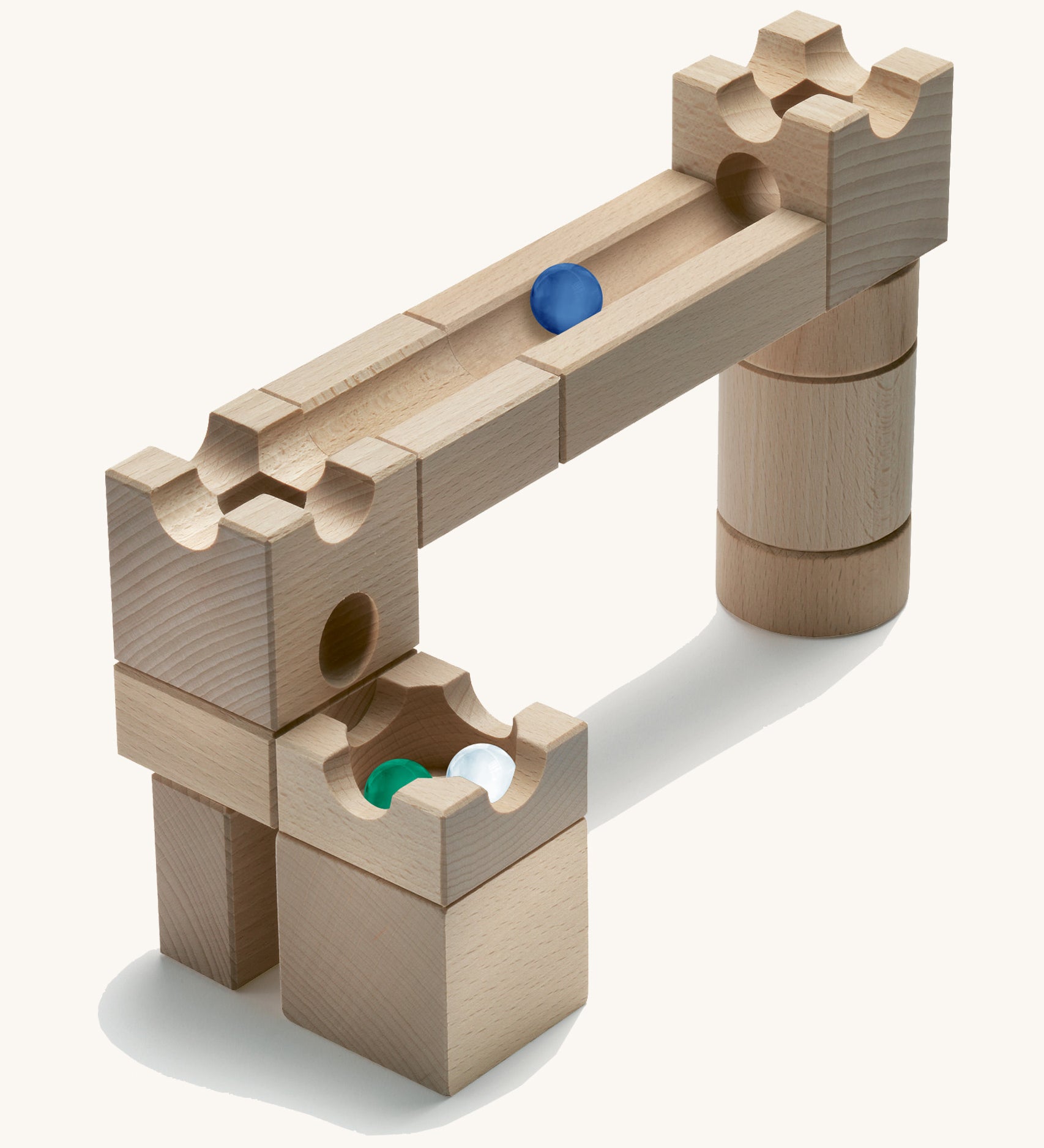 Cuboro Magnet Wooden Marble Run Set shown set up pictured on a cream background