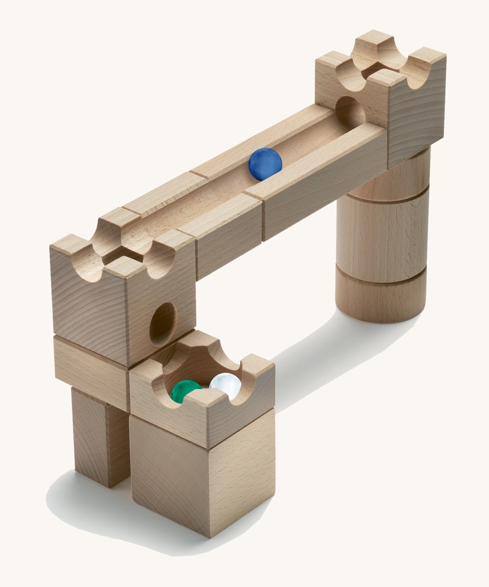 Cuboro Magnet Wooden Marble Run Set shown set up pictured on a cream background