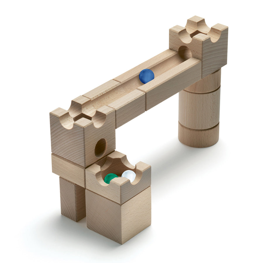 Cuboro Magnet Wooden Marble Run Set shown set up pictured on a plain background