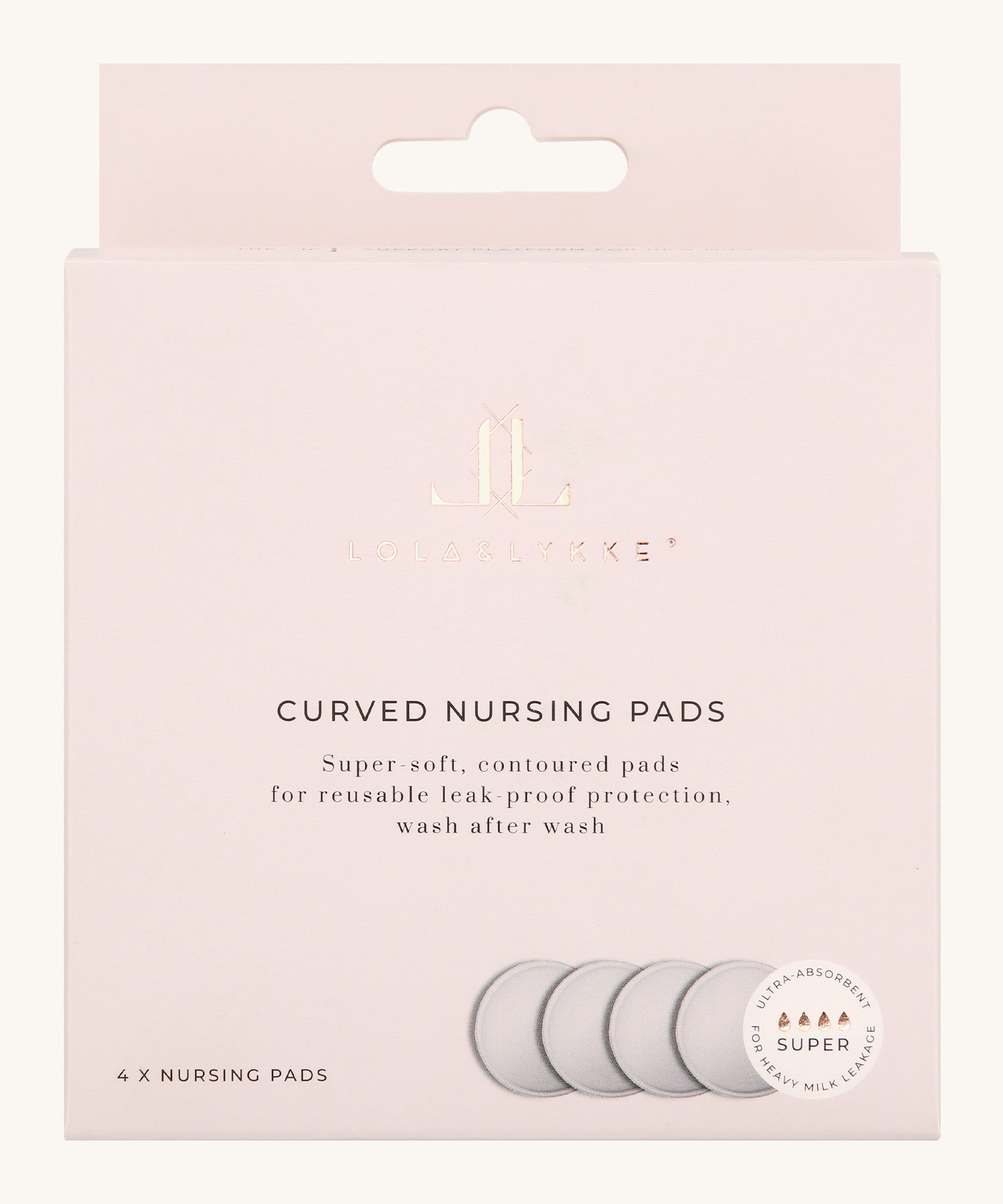 The light pink box of the Lola & Lykke Curved Bamboo Nursing Pads. Includes 4 pads