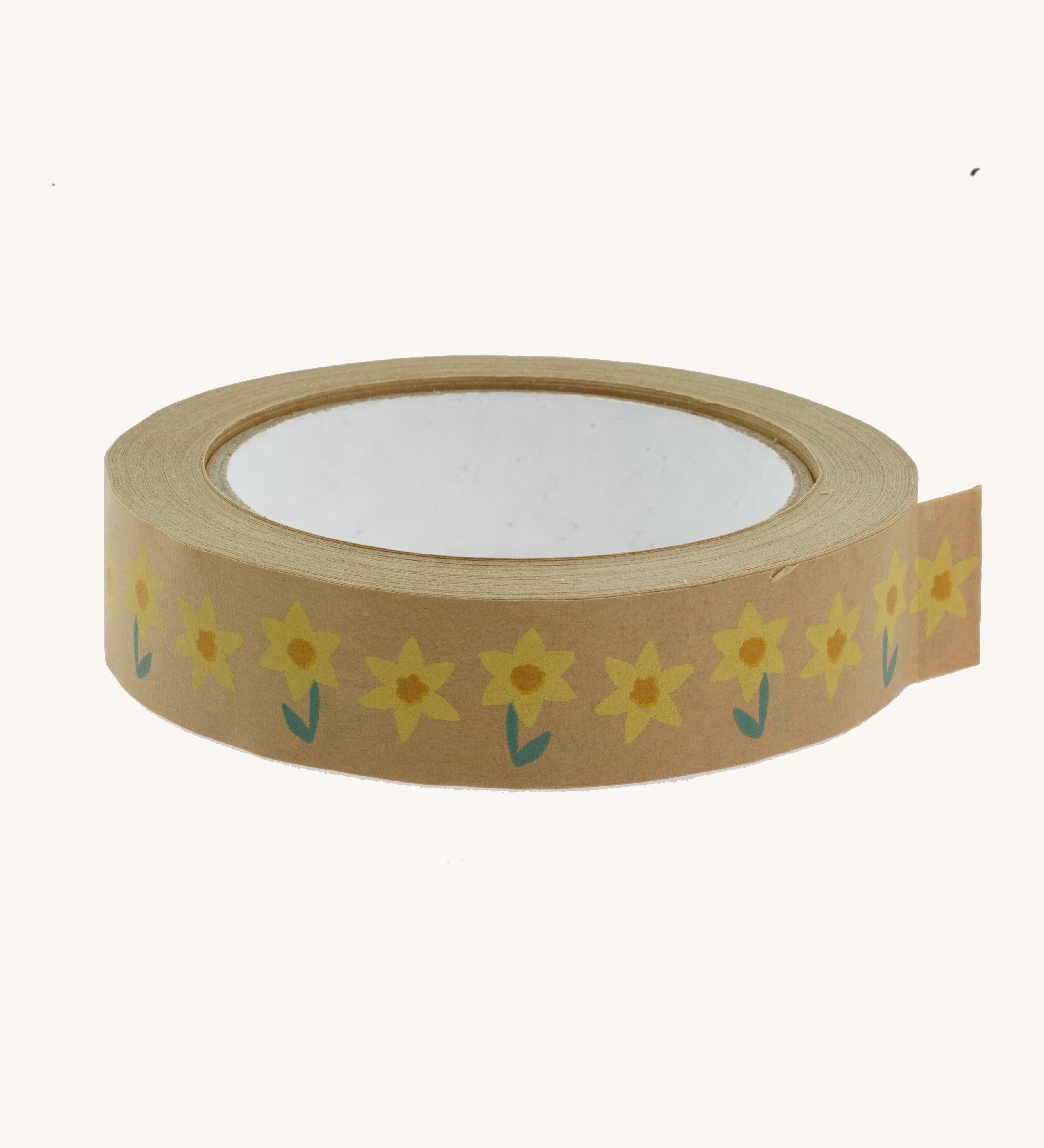 A roll of Babipur eco paper craft tape in brown with a daffodils design.