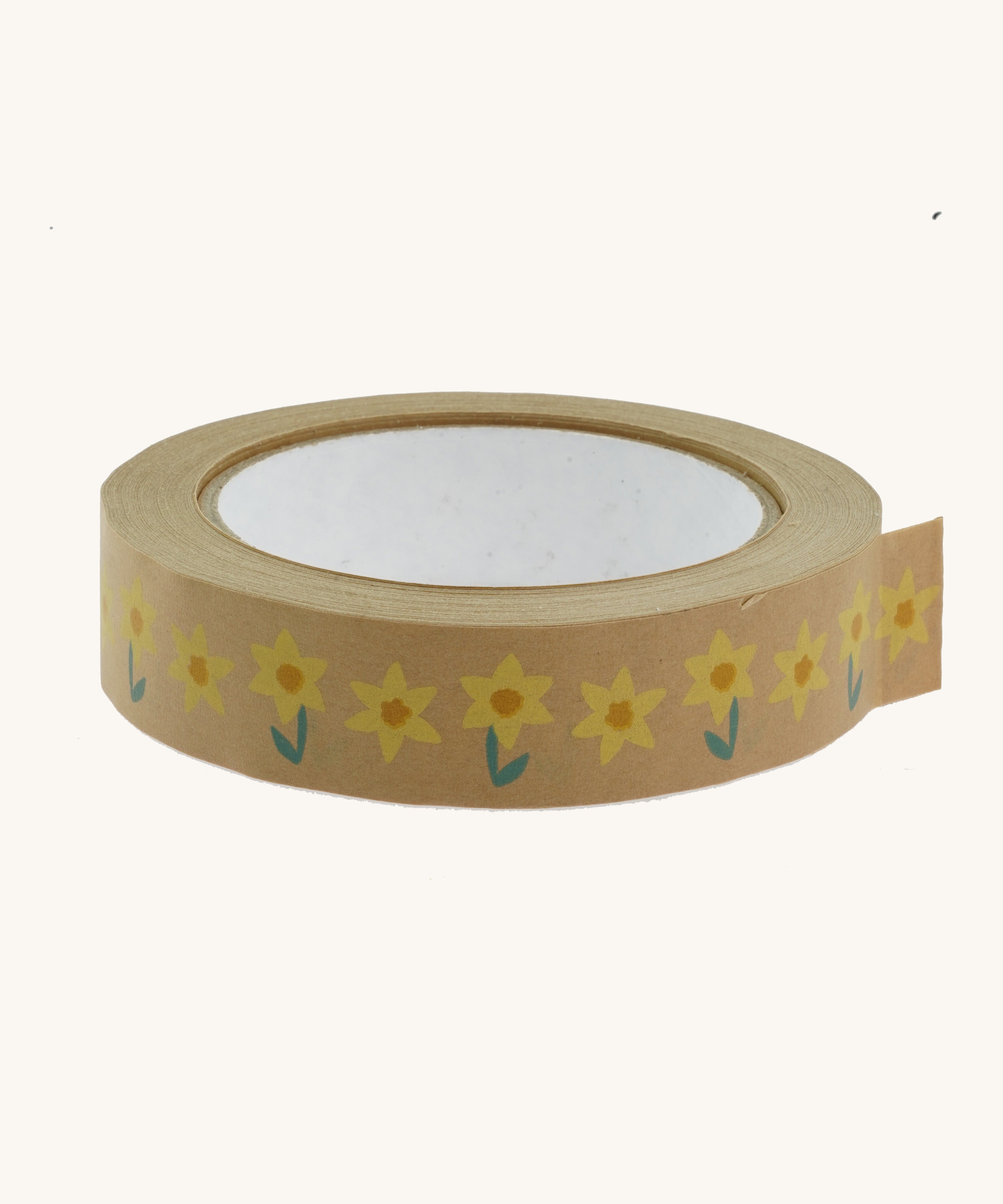 A roll of Babipur eco paper craft tape in brown with a daffodils design.