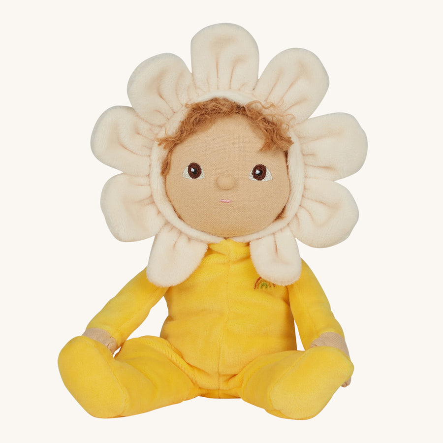 Olli Ella Dinky Dinkum Blossom Buds - Daisy in a pale yellow onesie with a light peach flower petal hood