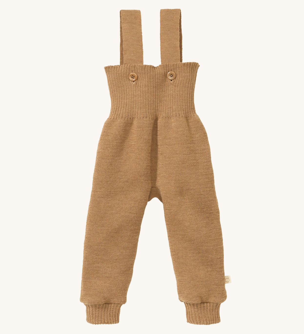 Disana organic merino wool dungarees in light brown on a cream background.