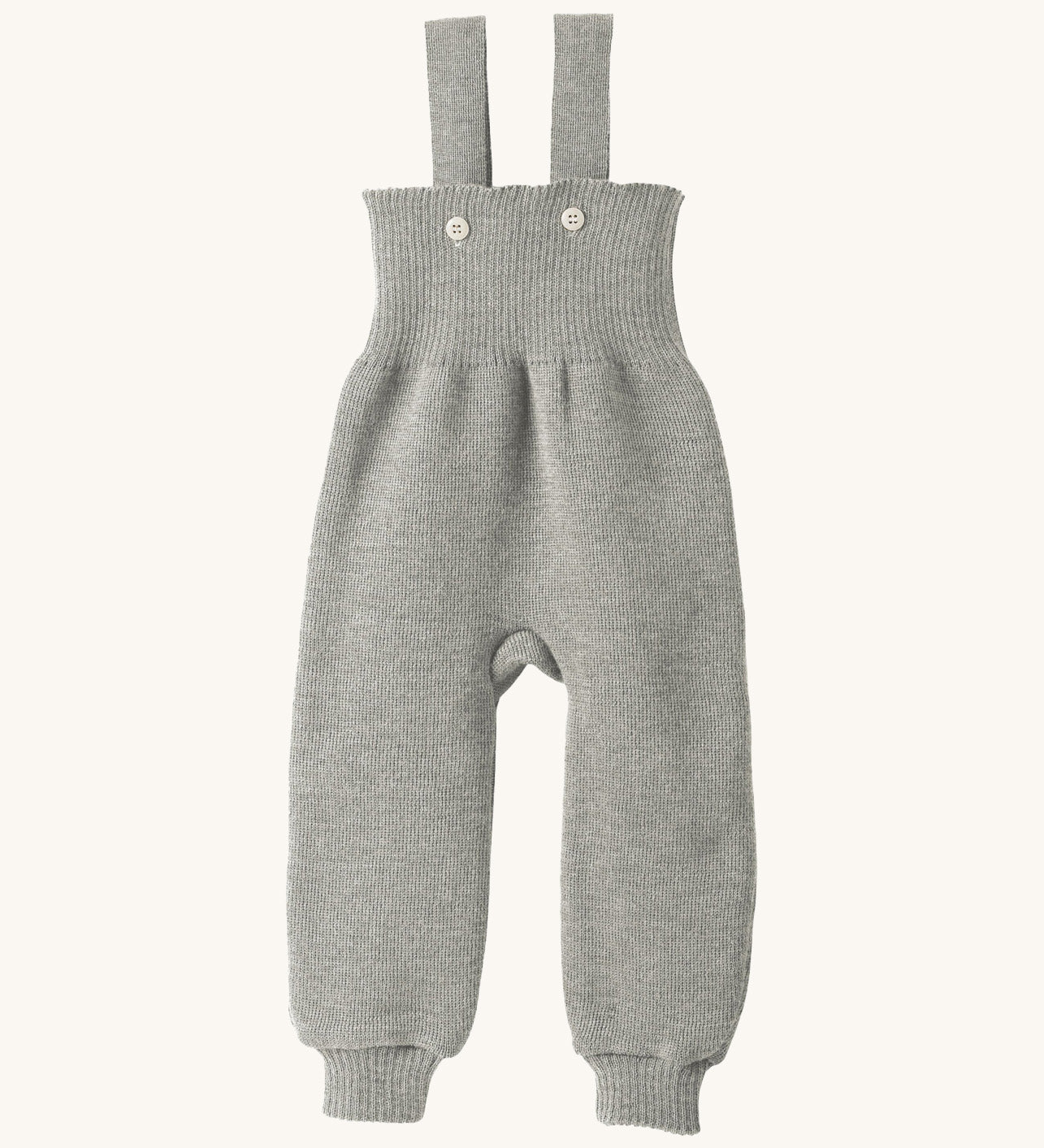 Disana organic merino wool dungarees in grey on a cream background.