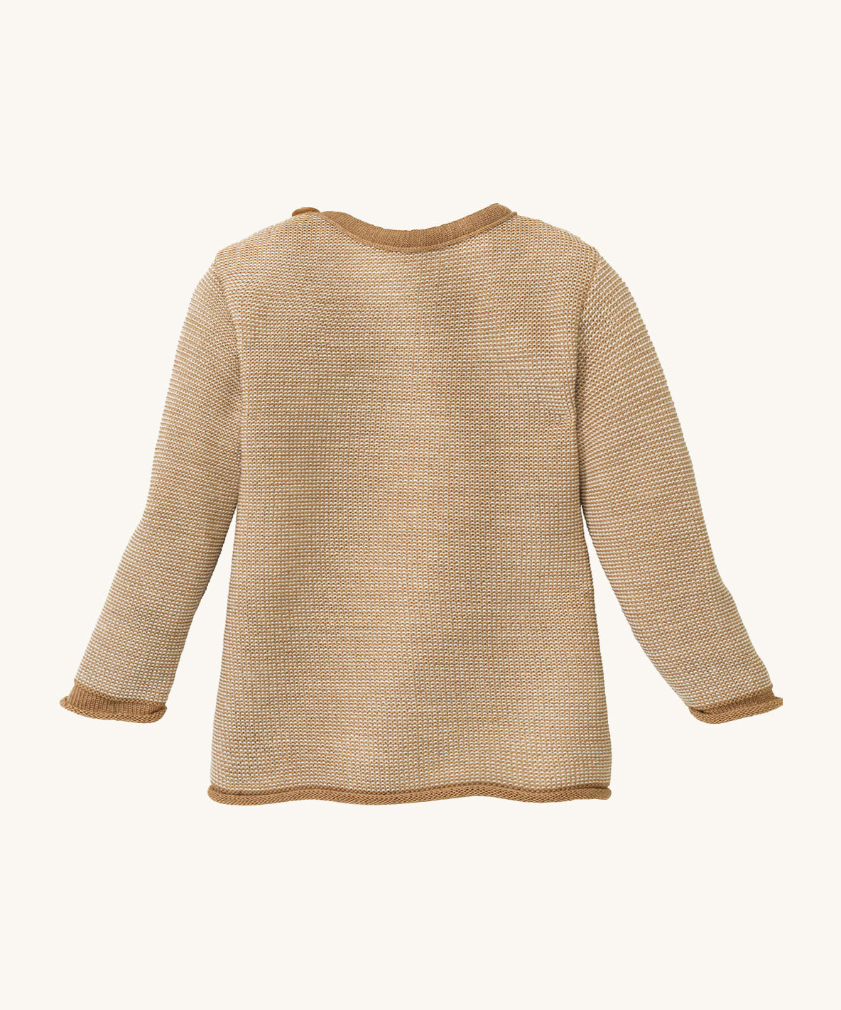 Disana organic merino wool melange jumper in light brown colour  back detail on a cream background.