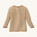 Disana organic merino wool melange jumper in light brown colour  back detail on a cream background.