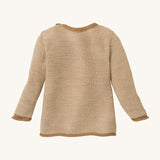 Disana organic merino wool melange jumper in light brown colour  back detail on a cream background.