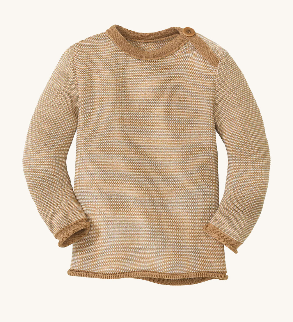 Disana organic merino wool melange jumper in light brown colour on a cream background.