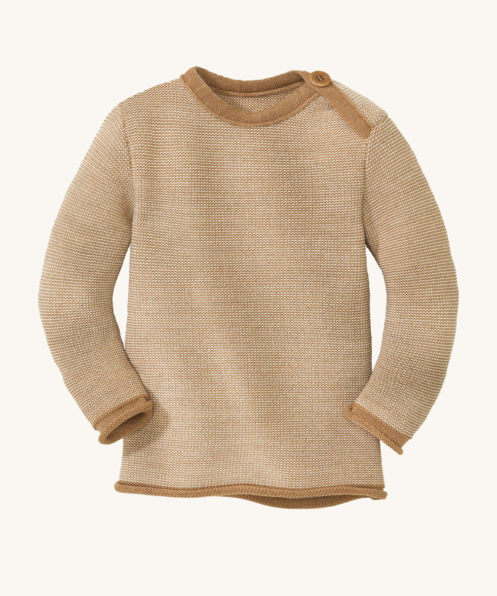 Disana organic merino wool melange jumper in light brown colour on a cream background.