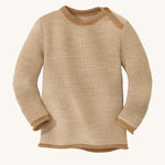 Disana organic merino wool melange jumper in light brown colour on a cream background.