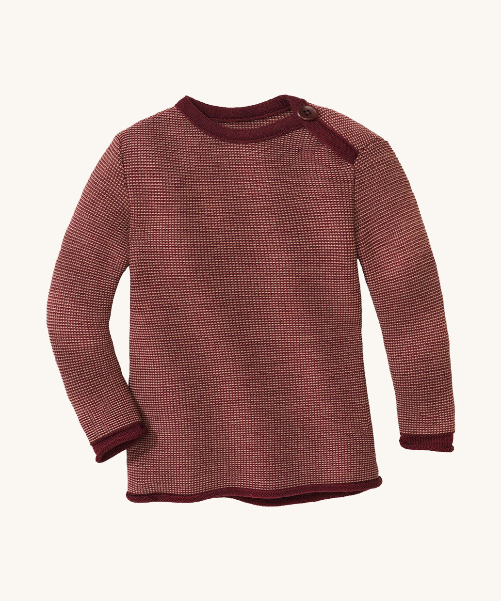 Disana organic merino wool melange jumper in a dark red colour on a cream background.