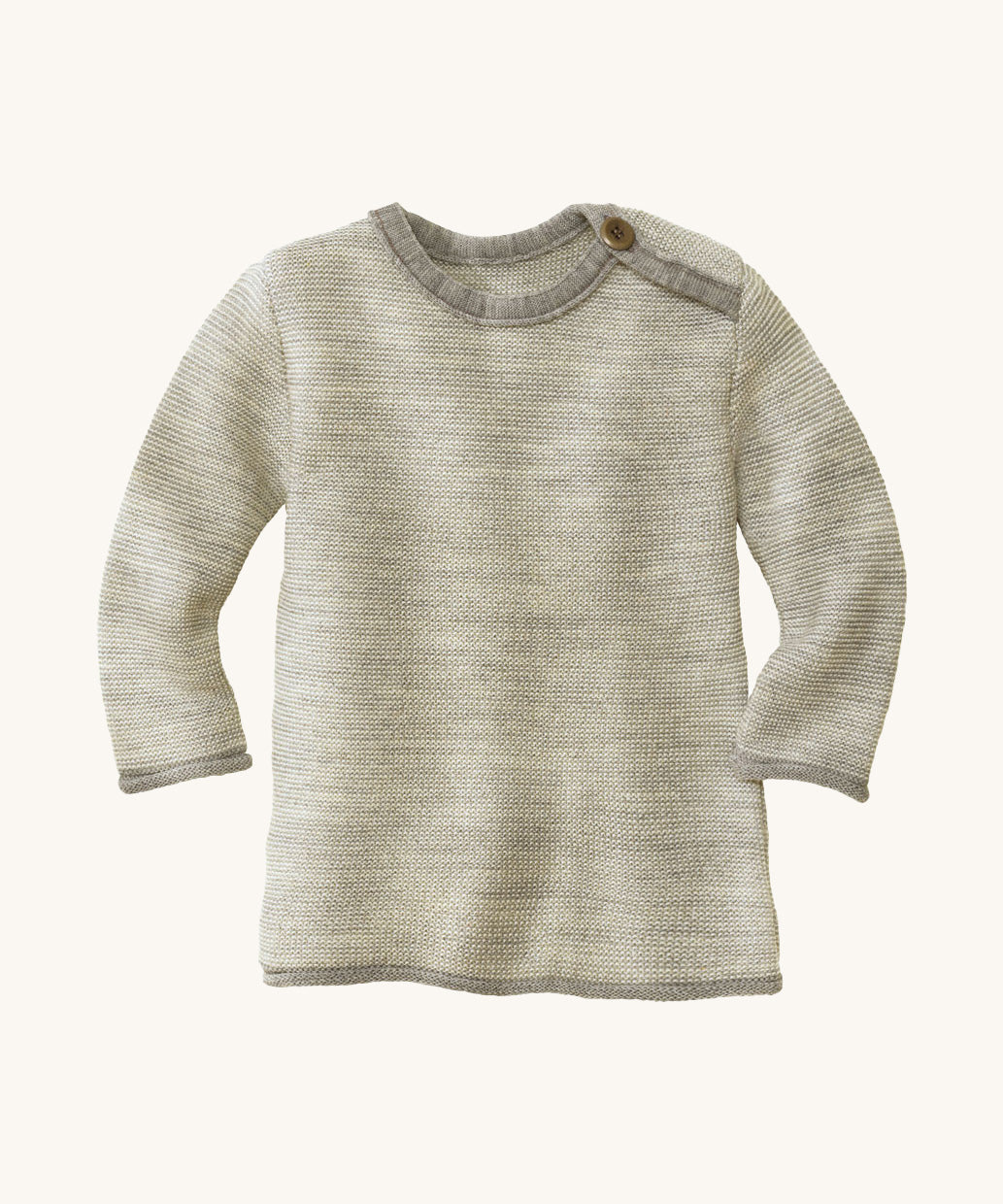 Disana organic merino wool melange jumper in a grey colour on a cream background.