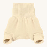 Disana merino wool nappy cover in natural on a cream background.