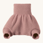 Disana merino wool nappy cover in rose on a cream background.