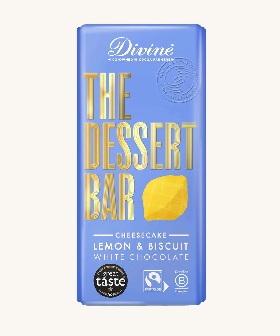 The Divine White Chocolate Lemon Cheesecake Dessert Bar in it's wrapping on a plain background.