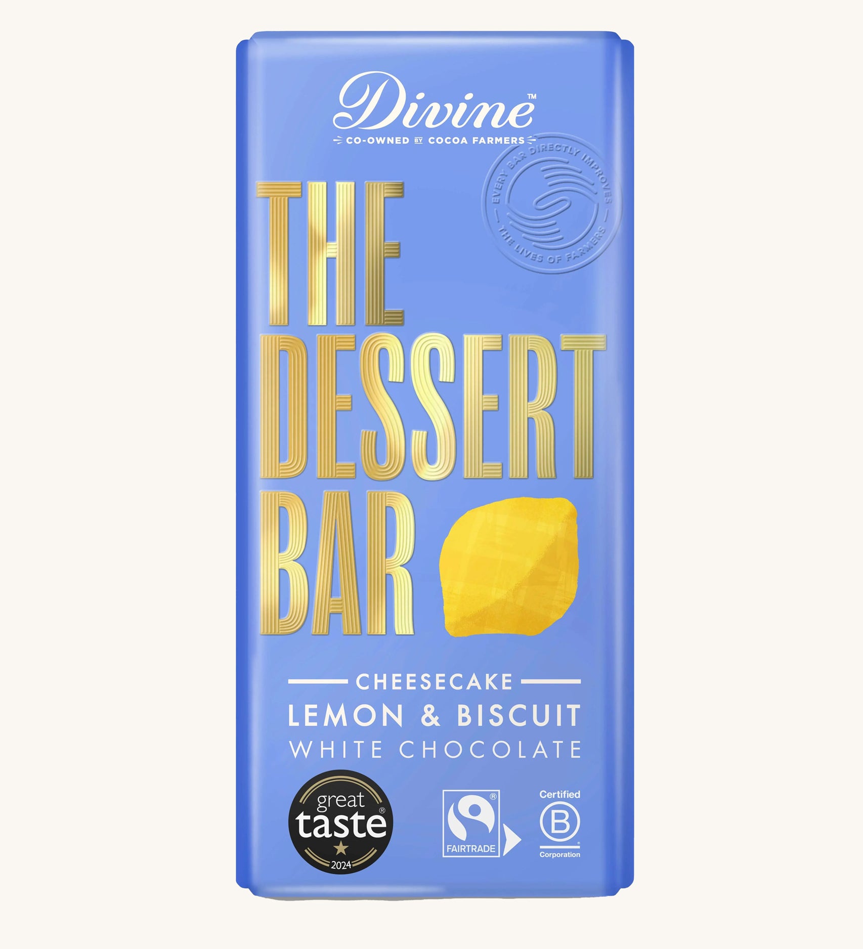 The Divine White Chocolate Lemon Cheesecake Dessert Bar in it's wrapping on a plain background.